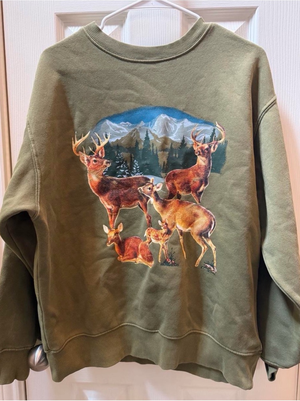 Forever 21 Olive Green Crewneck Sweater with Deer Graphic size S
